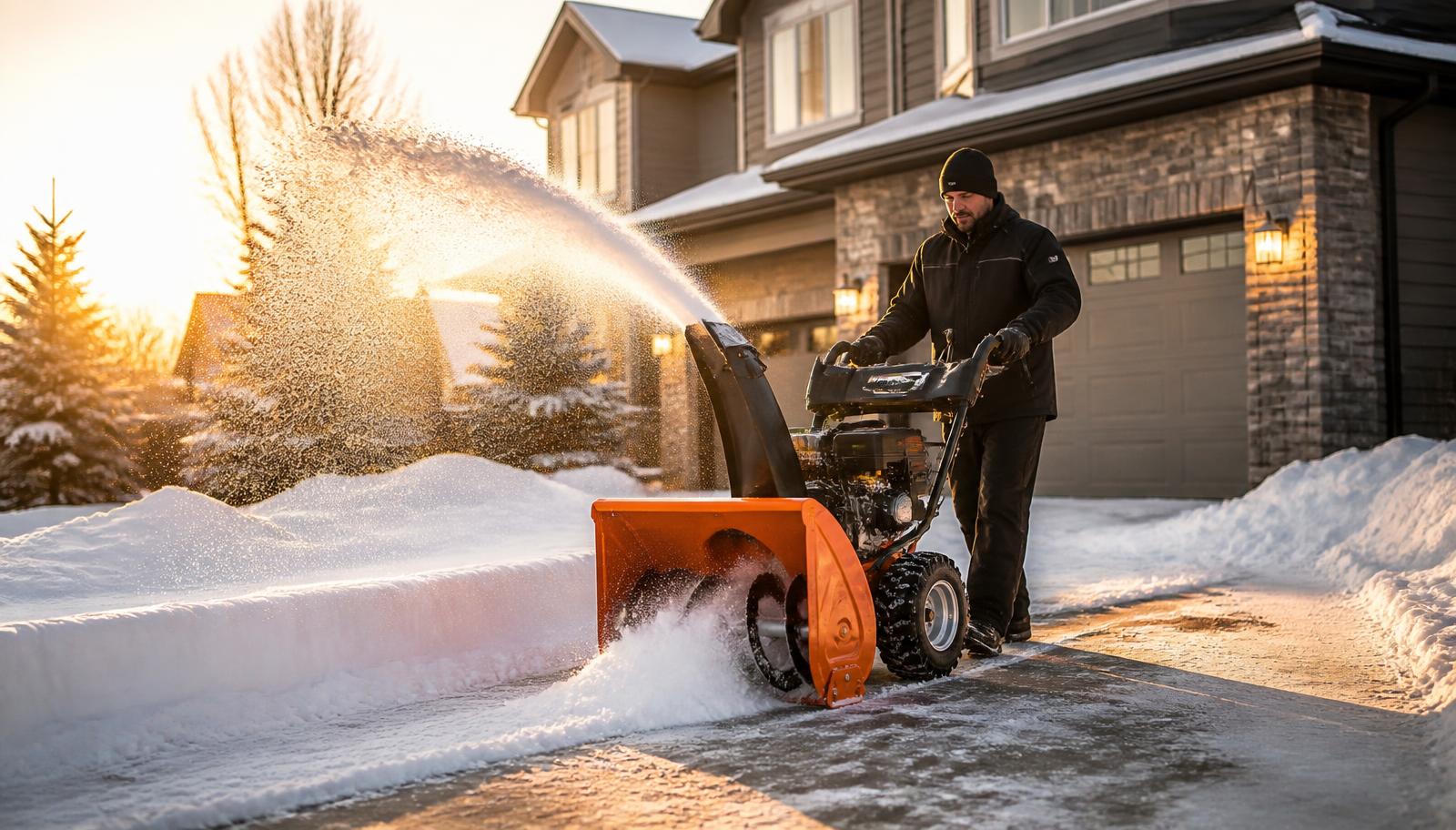 Worker clearing a Calgary residential driveway with a snow blower at sunrise