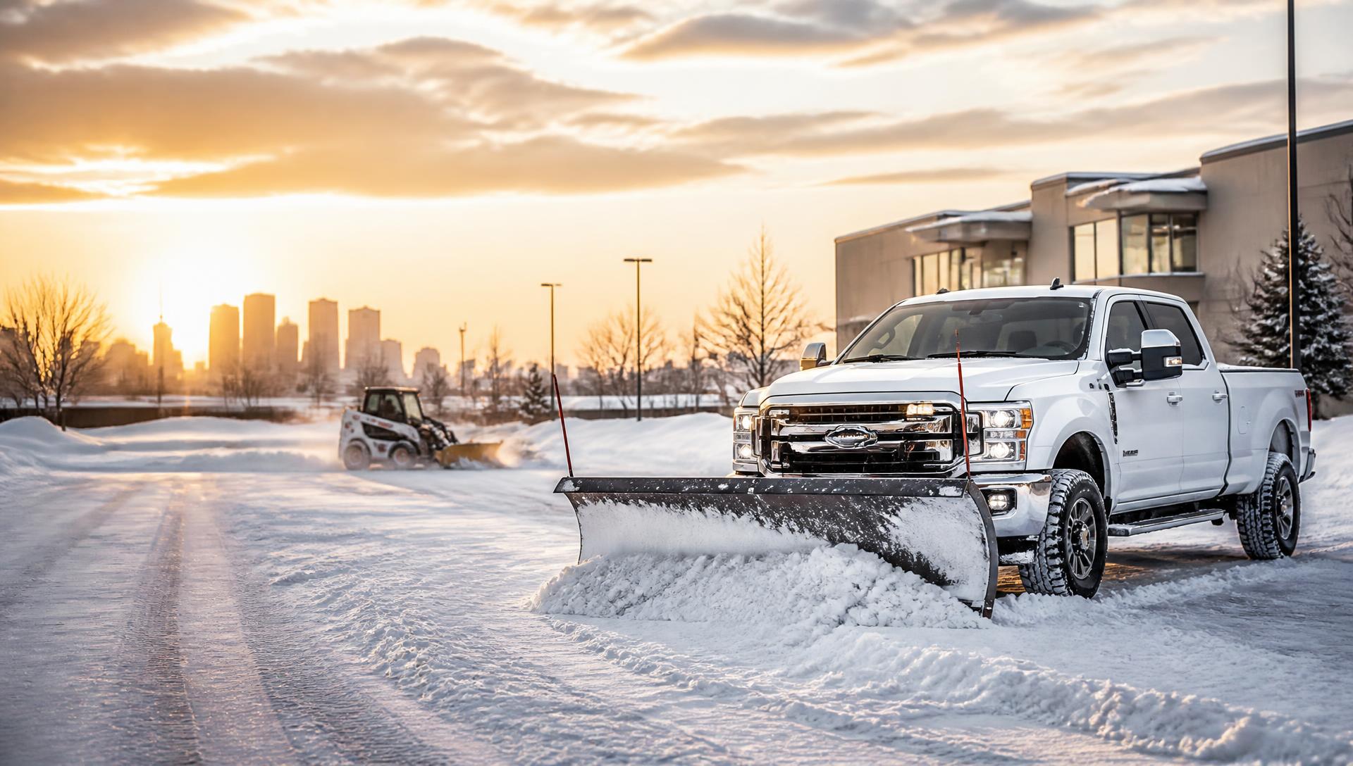 Snow plow truck clearing a Calgary commercial parking lot at winter sunrise